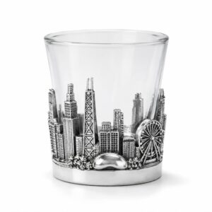 Clear shot glass with silver 3D Chicago skyline metal wrap, perfect for souvenir wholesale and custom barware branding.