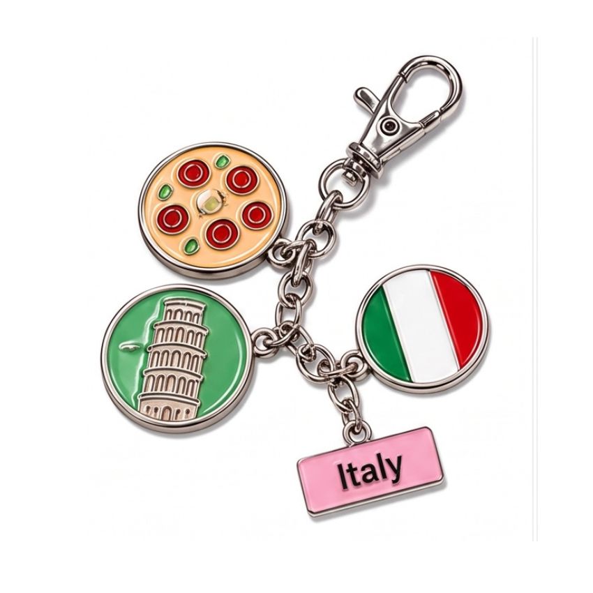 Custom Italy themed enamel charm keychain featuring Leaning Tower of Pisa, pizza, national flag, and metal clasp wholesale.