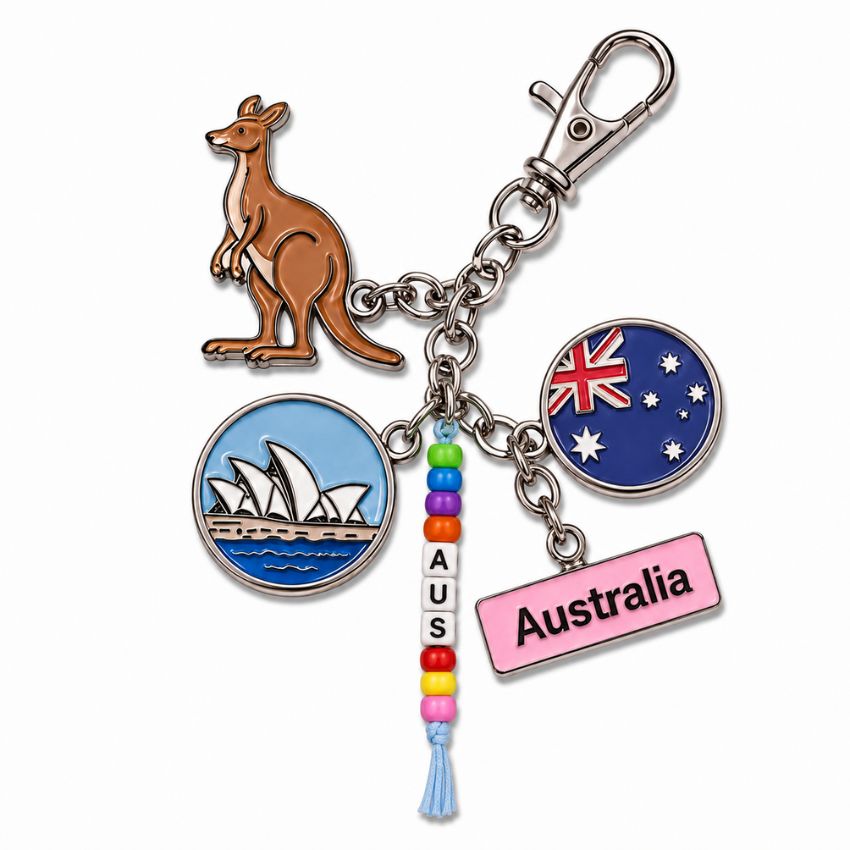 Custom Australia charm keychain with beaded alphabet strand, enamel kangaroo, and Opera House charm for OEM supply.
