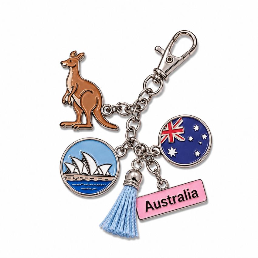 Custom Australia souvenir keychain featuring light blue tassel, soft enamel kangaroo, and flag charms wholesale.