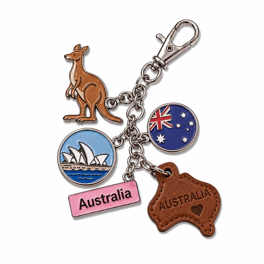 Custom Australia charm keychain with embossed leather map tag, enamel kangaroo, and flag charms for B2B wholesale.