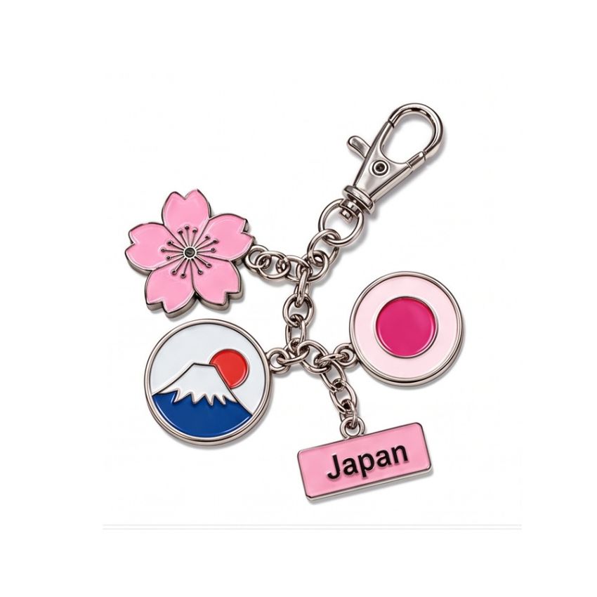 Custom Japan themed enamel charm keychain featuring Mount Fuji, cherry blossom, national flag, and metal clasp wholesale.