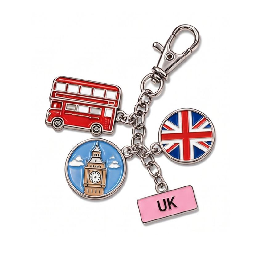 Custom UK themed enamel charm keychain featuring Big Ben, double-decker bus, Union Jack flag, and metal clasp wholesale.