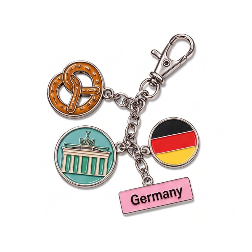 Custom Germany themed enamel charm keychain featuring Brandenburg Gate, pretzel, flag, and metal clasp wholesale.