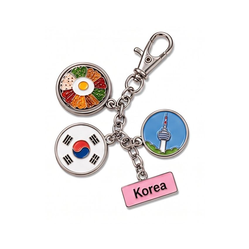 Custom Korea themed enamel charm keychain featuring N Seoul Tower, bibimbap, national flag, and metal clasp wholesale.
