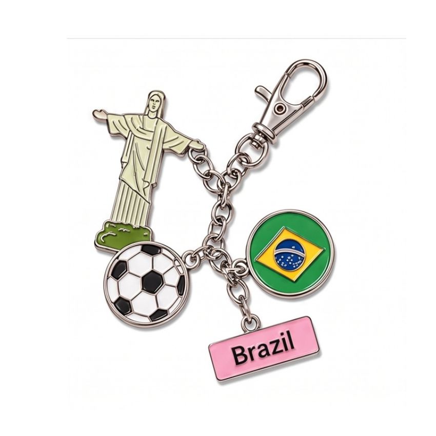 Custom Brazil themed enamel charm keychain featuring Christ the Redeemer, soccer ball, flag, and metal clasp wholesale.