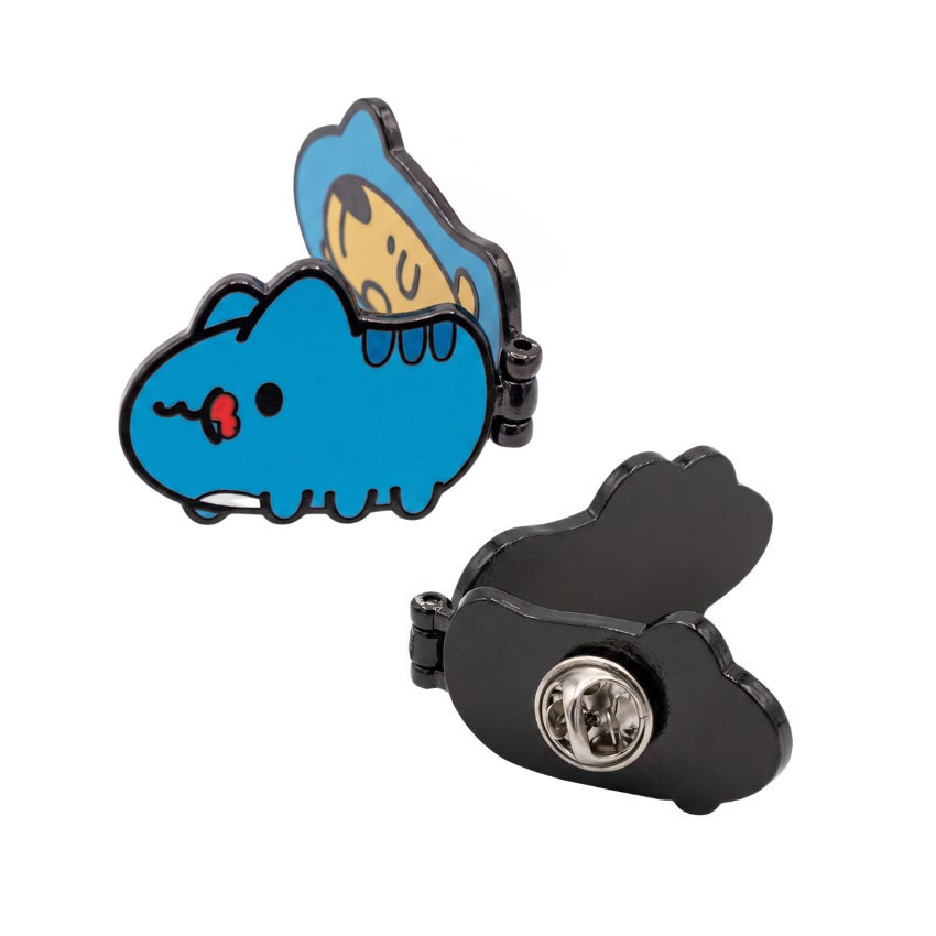 Front and back view of custom interactive hinged enamel pin featuring black nickel plating and butterfly clutch.