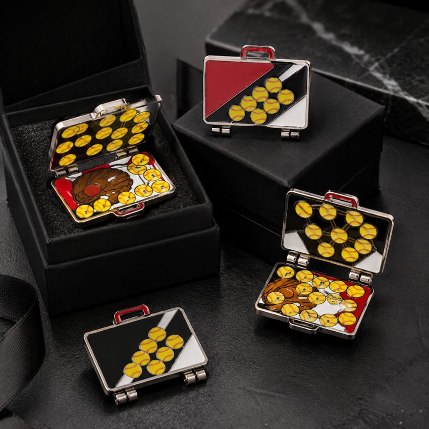 Custom hinged suitcase enamel pins with premium black gift packaging, ideal for corporate souvenirs and wholesale gifts.