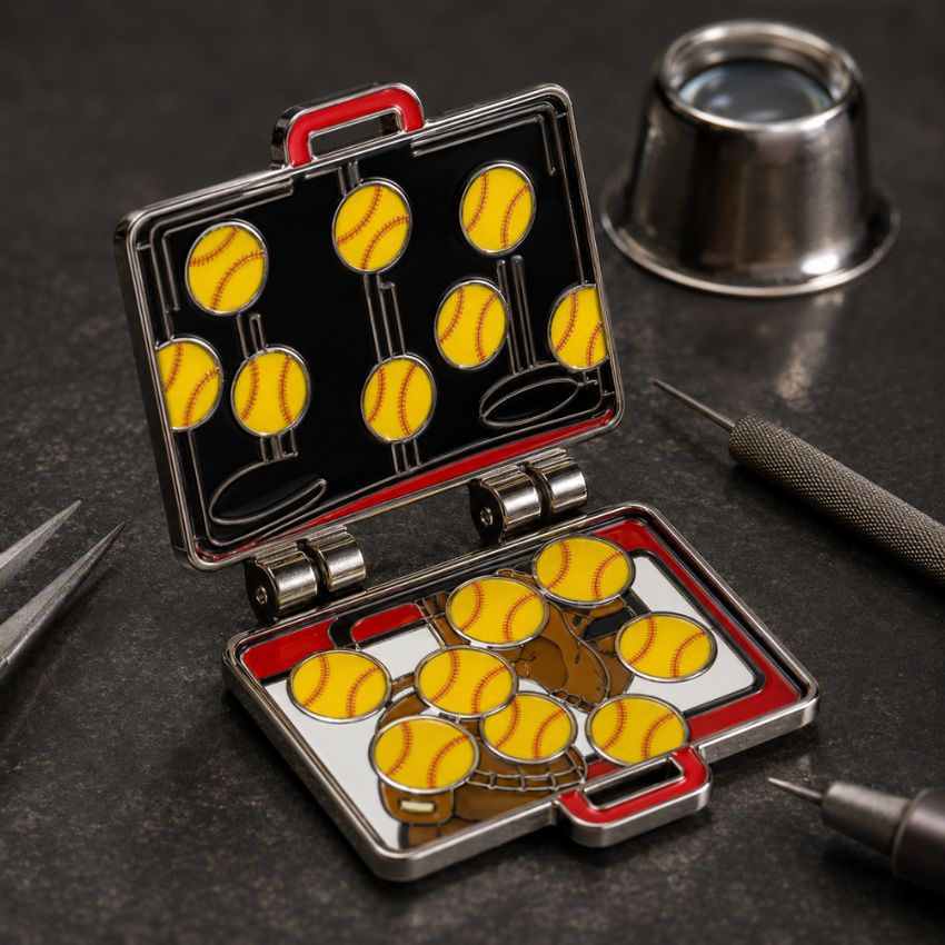 Detailed open suitcase hinged enamel pin with softball graphics on dark workbench, ideal for custom sports pin manufacturing.