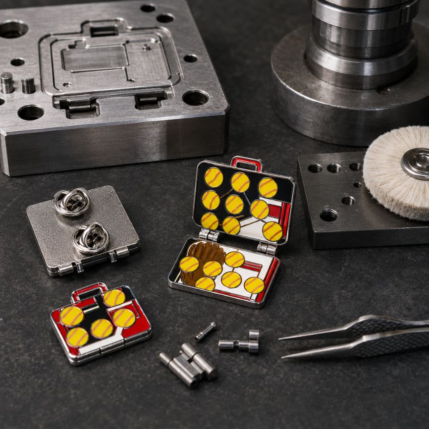 Custom hinged enamel pins shown with metal production molds, components, and butterfly clutch backings for B2B supply.