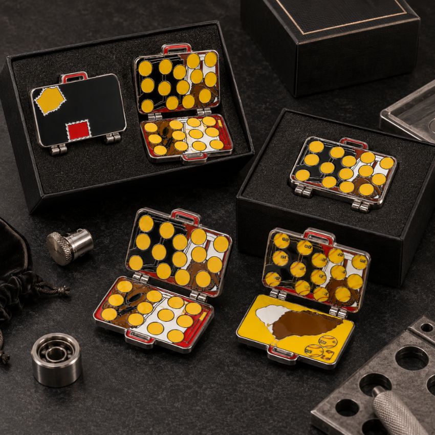 Custom hinged enamel pins displayed in luxury black presentation boxes for corporate gifts and custom collectible orders.