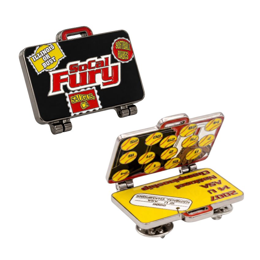 Close-up of custom hinged enamel pin back hardware, dual butterfly clutches, and printed interior design.