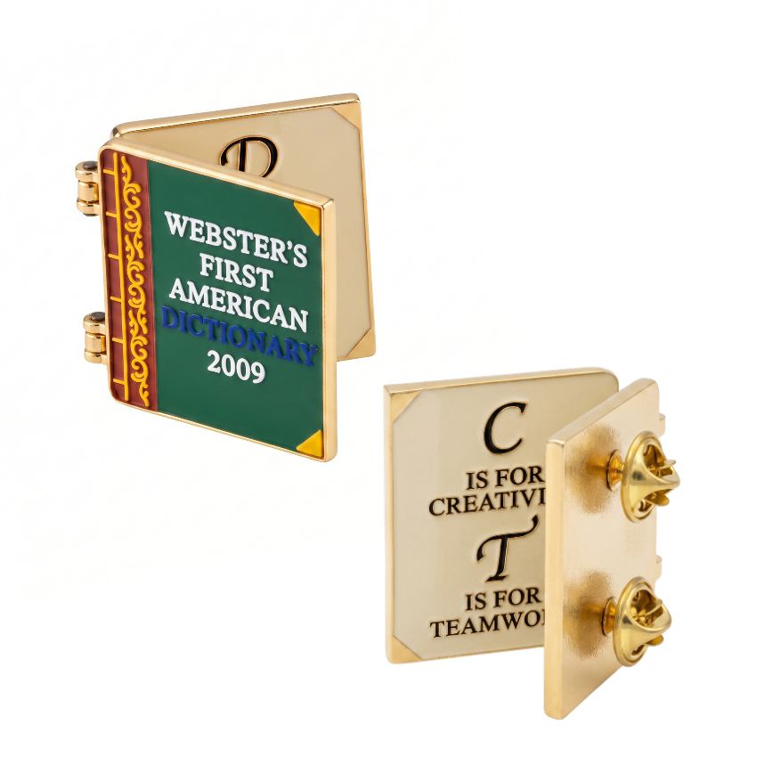 :Custom book-shaped hinged enamel pins showing front cover detail and back dual butterfly clutch attachments.