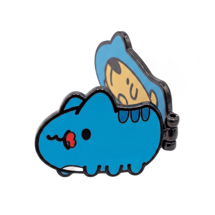 Custom interactive blue character hinged enamel pin with black nickel plating and opening mechanism.