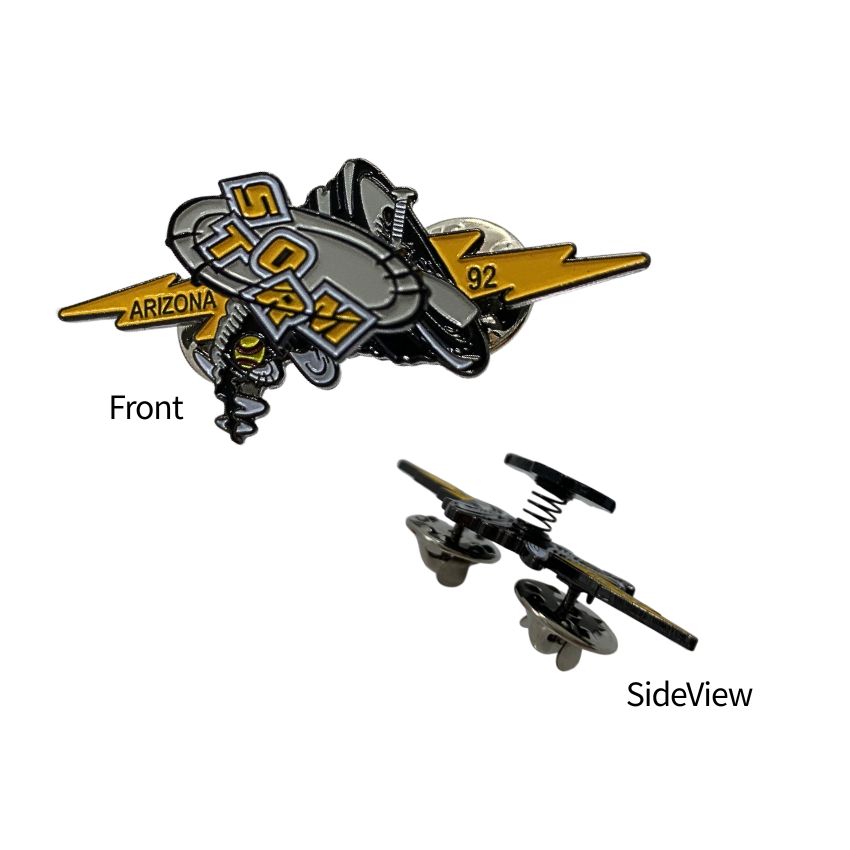 Front and side views of a custom interactive spring lapel pin featuring a sports team logo for custom pin manufacturing.