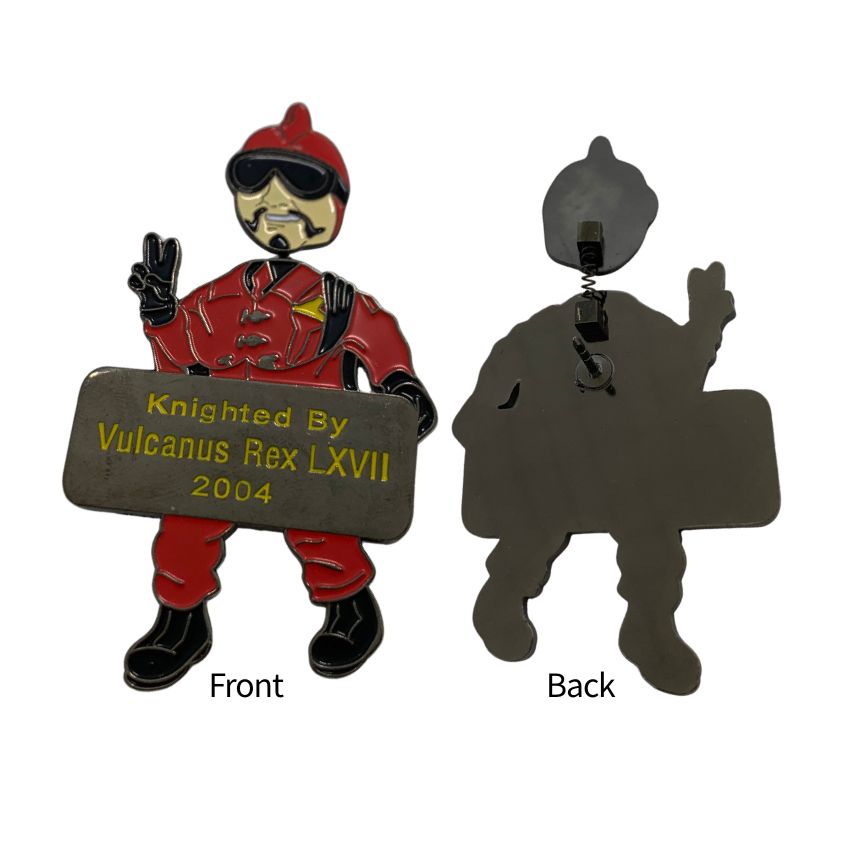 Front and back view of a custom bobble head character lapel pin showcasing the rear spring-mounted head attachment design.