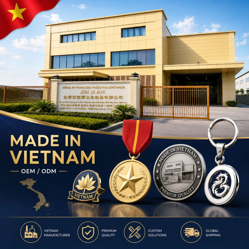 Vietnam factory building with custom enamel pins, award medals, challenge coins, and keychains for OEM manufacturing.