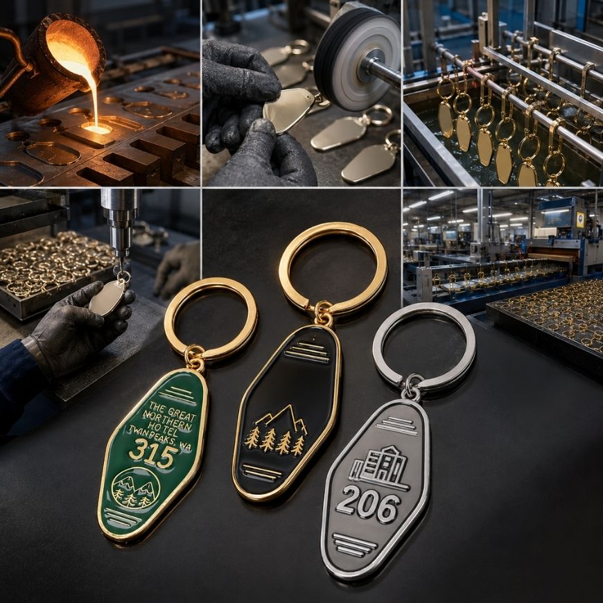 Manufacturing process of custom metal hotel keychains including casting, polishing, electroplating, and laser engraving.