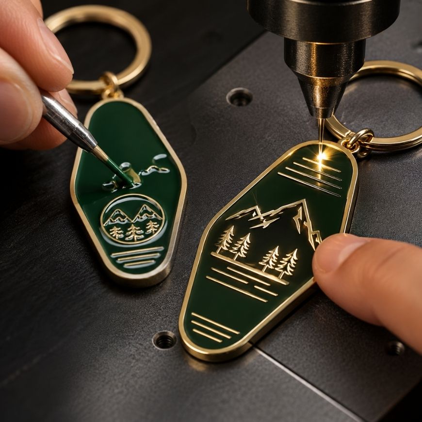 Precision hand-coloring enamel fill and laser engraving process for custom metal motel key tag production.