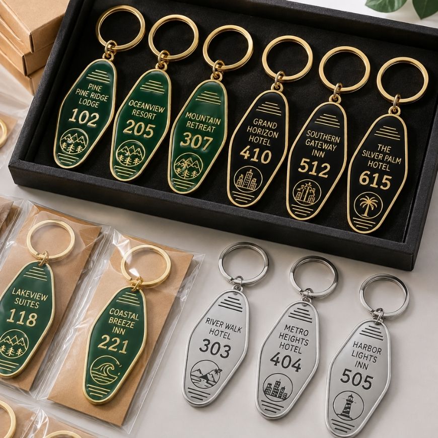 Bulk custom metal hotel key fobs in display box and OPP bag packaging options for wholesale hospitality supply.