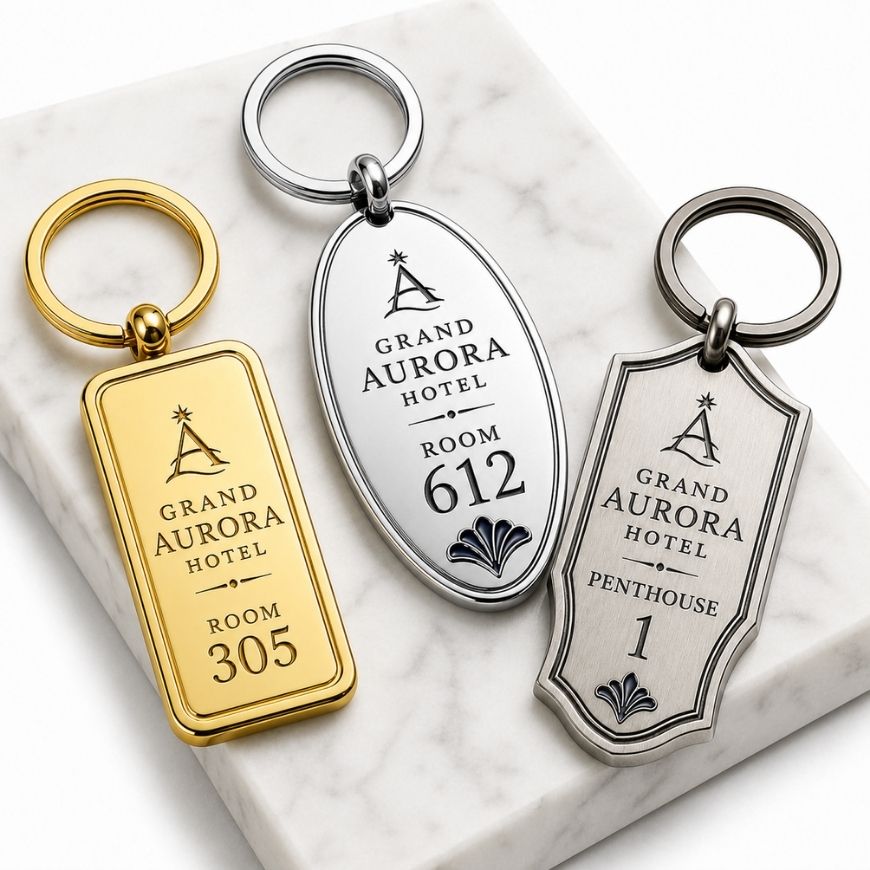 Assorted custom metal hotel keychains in gold, silver, and antique finishes, displayed on a white marble surface.
