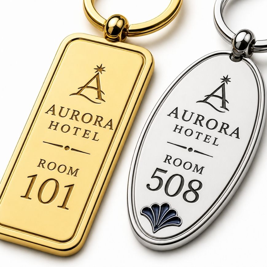 Polished gold and silver custom metal key fobs with engraved room numbers, designed for luxury hotel room keys.