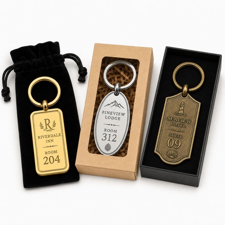 Custom metal hotel keychains presented in velvet pouch, window gift box, and premium box packaging options.