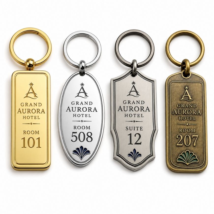 Custom engraved metal motel keychains in gold, chrome, gunmetal, and antique bronze finishes for hotel branding.