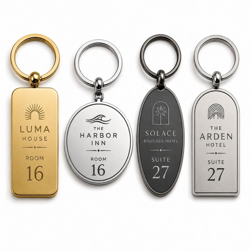 Sleek brushed metal hotel key tags featuring custom laser-engraved logos and suite numbers for modern hotels.