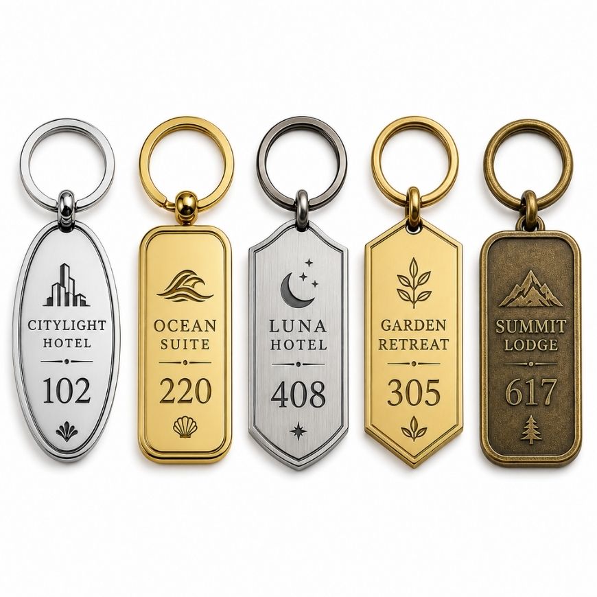 Various shaped custom metal motel key tags with engraved hotel room numbers, ideal for hospitality supply.