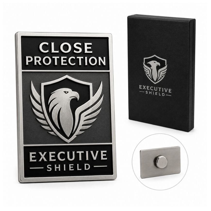 Rectangular Close Protection Executive Shield metal lapel pin with eagle crest and magnetic back.