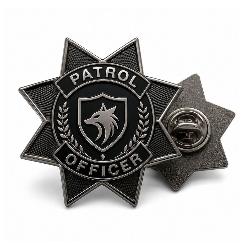 Eight-point star Patrol Officer badge pin featuring wolf emblem and dual pin back attachment.