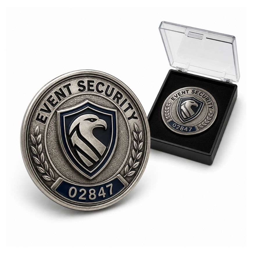 Antique silver Event Security emblem pin with eagle logo, serial number, and clear display case.