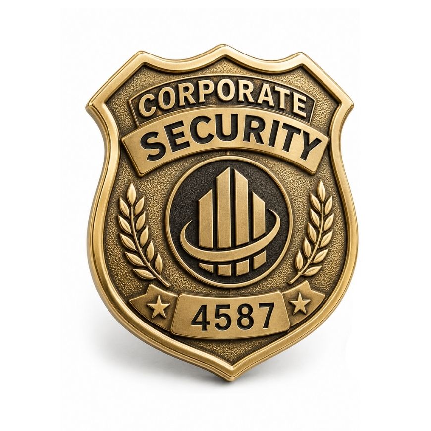 Antique gold corporate security badge pin engraved with identification number for custom SIA officer uniforms.