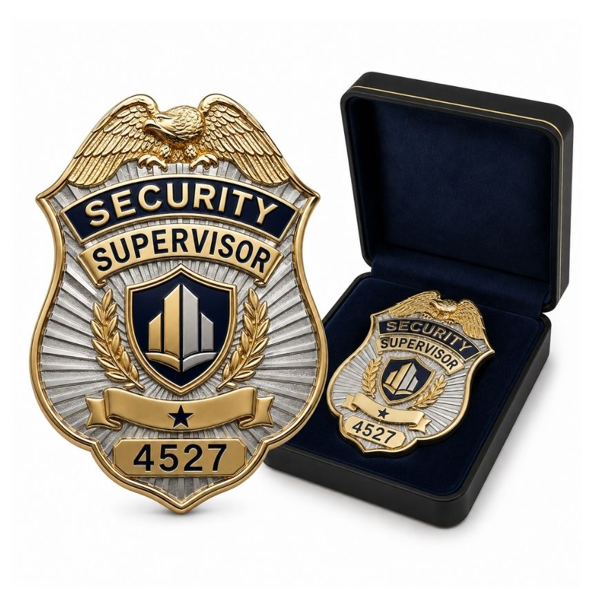 Gold eagle security supervisor metal badge with star crest and velvet display box, ideal for SIA professional officers.