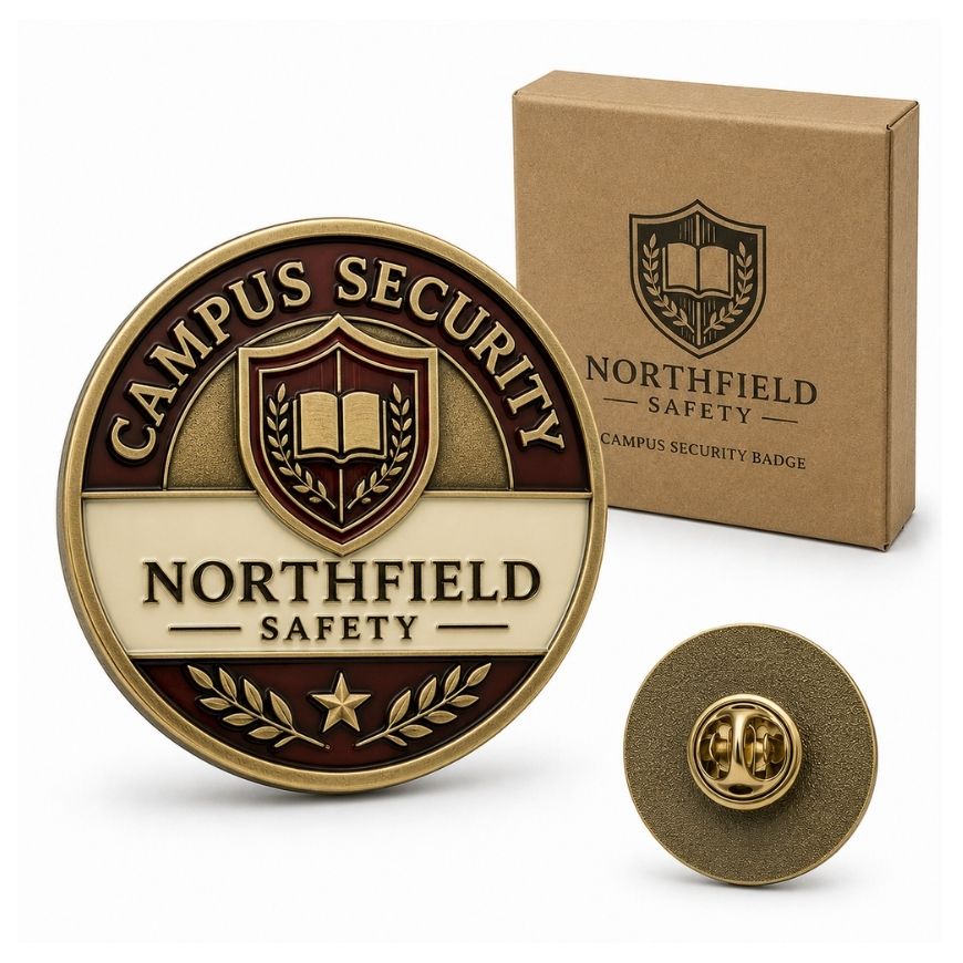 Round antique brass campus security metal pin badge with clutch back and kraft box, perfect for SIA officer supply.