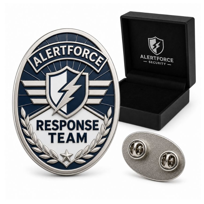 Oval silver response team security agent badge featuring lightning crest with dual clutch backing and presentation case.