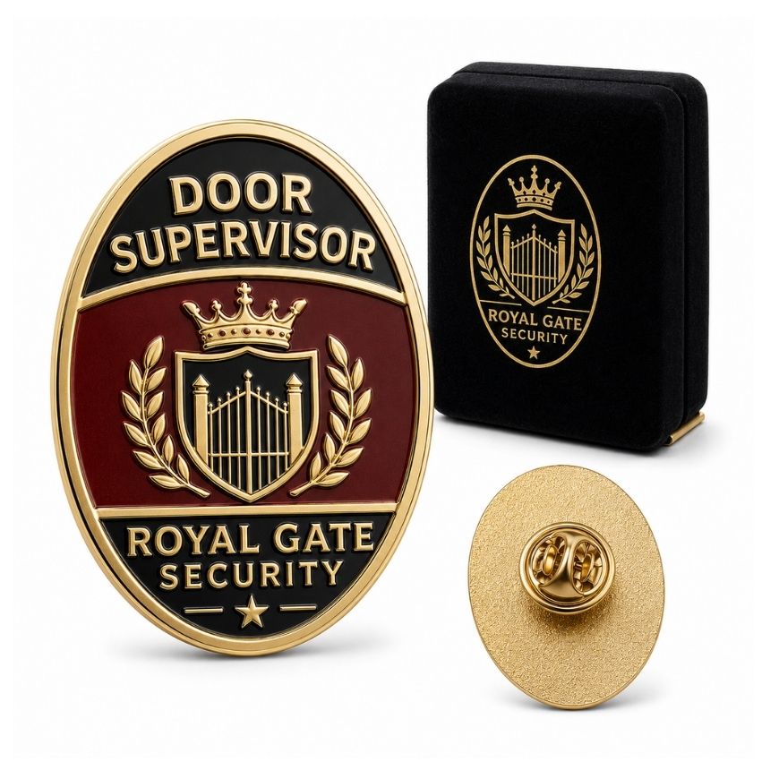 Oval gold door supervisor metal security badge with crown crest, single clutch backing, and premium velvet box.