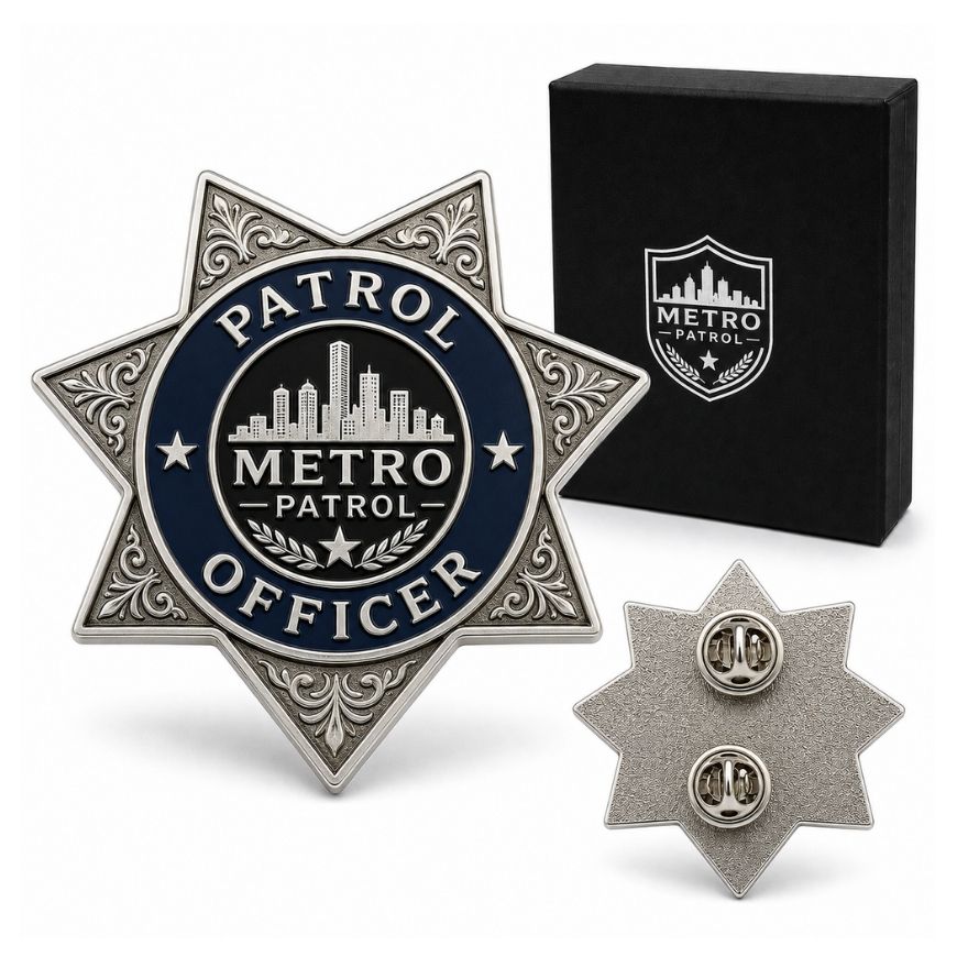 Custom star-shaped Metro Patrol Officer metal badge pin with clutch attachment and presentation box.
