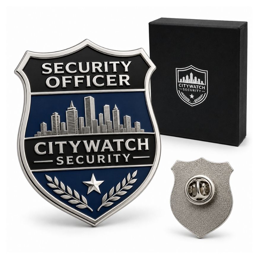 Shield-shaped Citywatch Security officer metal badge pin with custom enamel filling and clutch back.