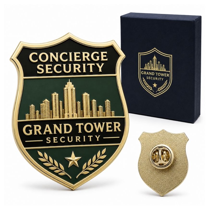 Gold Concierge Security badge pin featuring city skyline design and premium gift box presentation.