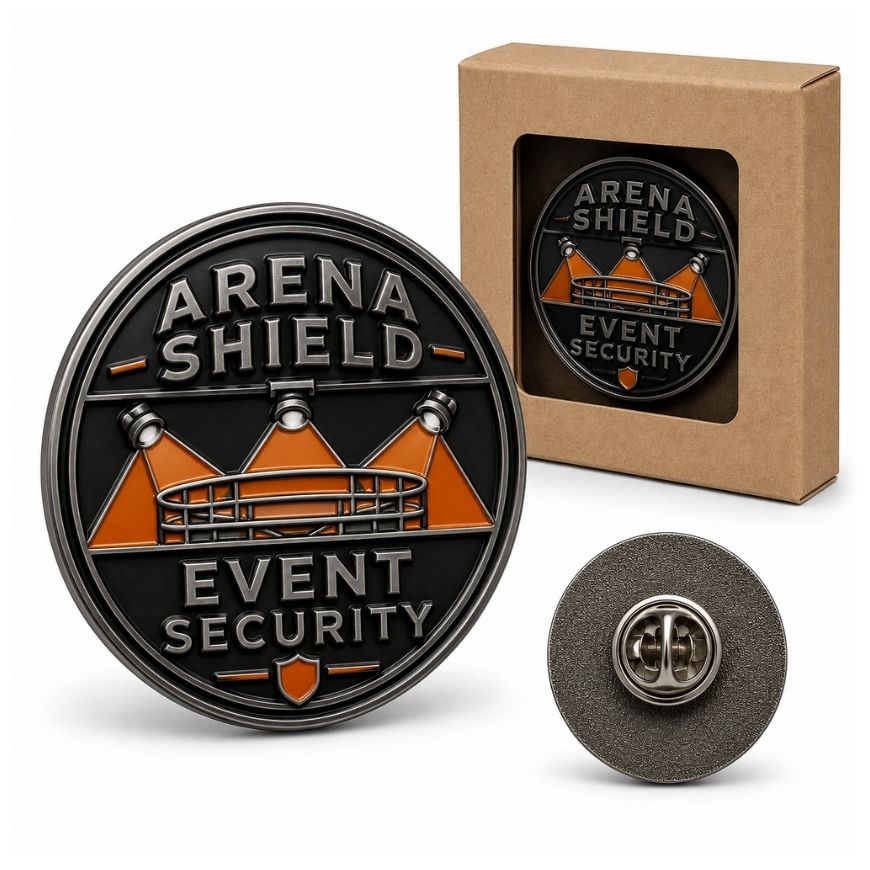 Antique gold corporate security badge pin engraved with identification number for custom SIA officer uniforms.