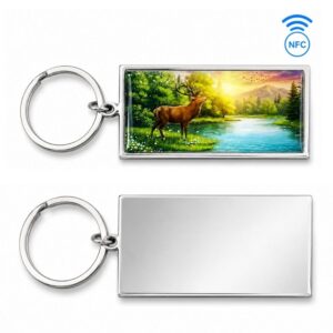 Custom metal NFC keychain with deer landscape artwork and blank back for OEM promotional gifts.