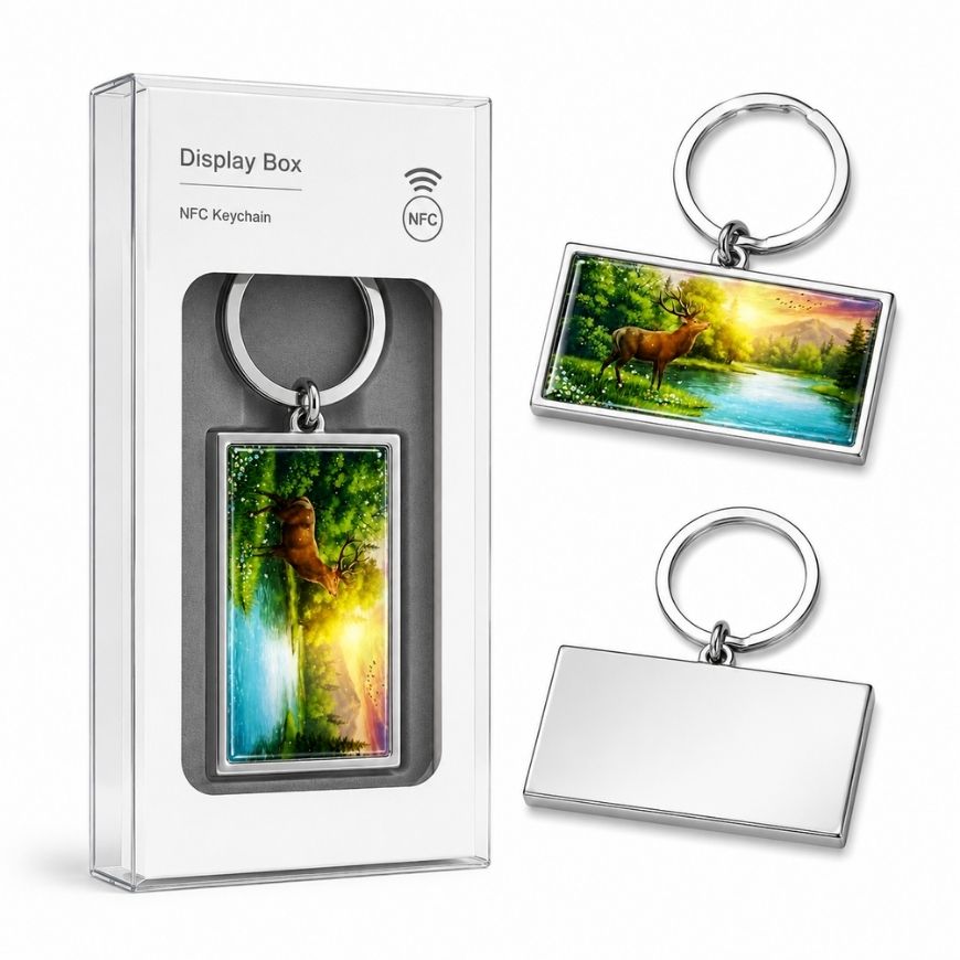 Smart NFC metal keychain with deer artwork showcased in a clear window display box for retail supply.