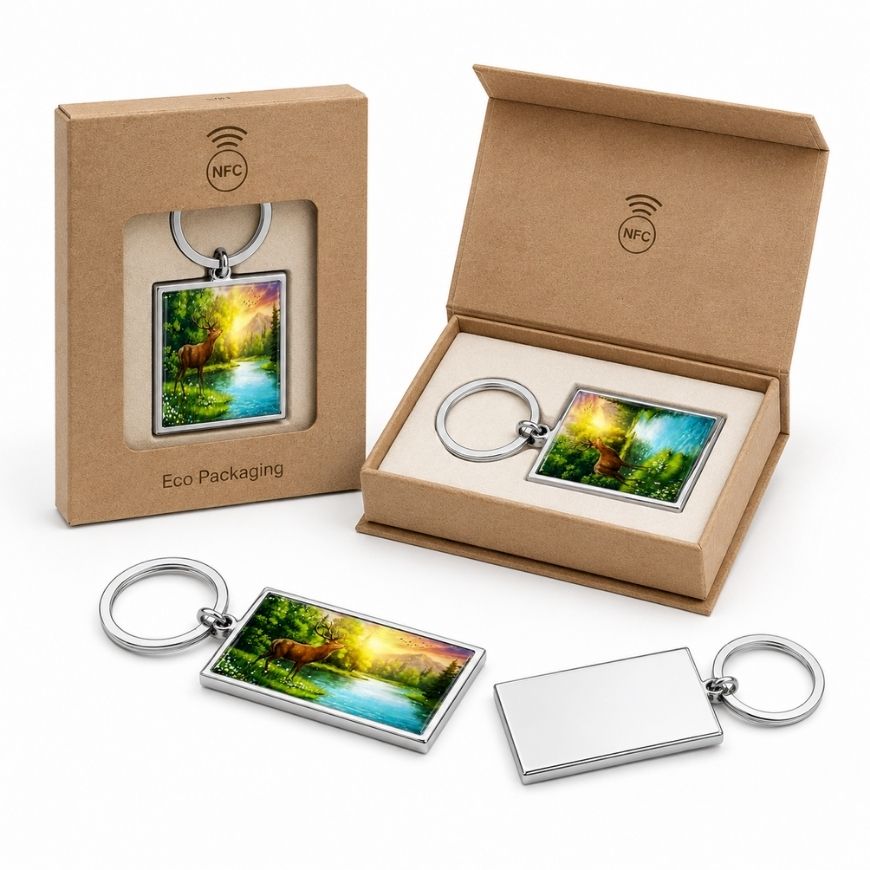 Custom NFC metal keychains presented in eco-friendly Kraft gift packaging for sustainable corporate giveaways.