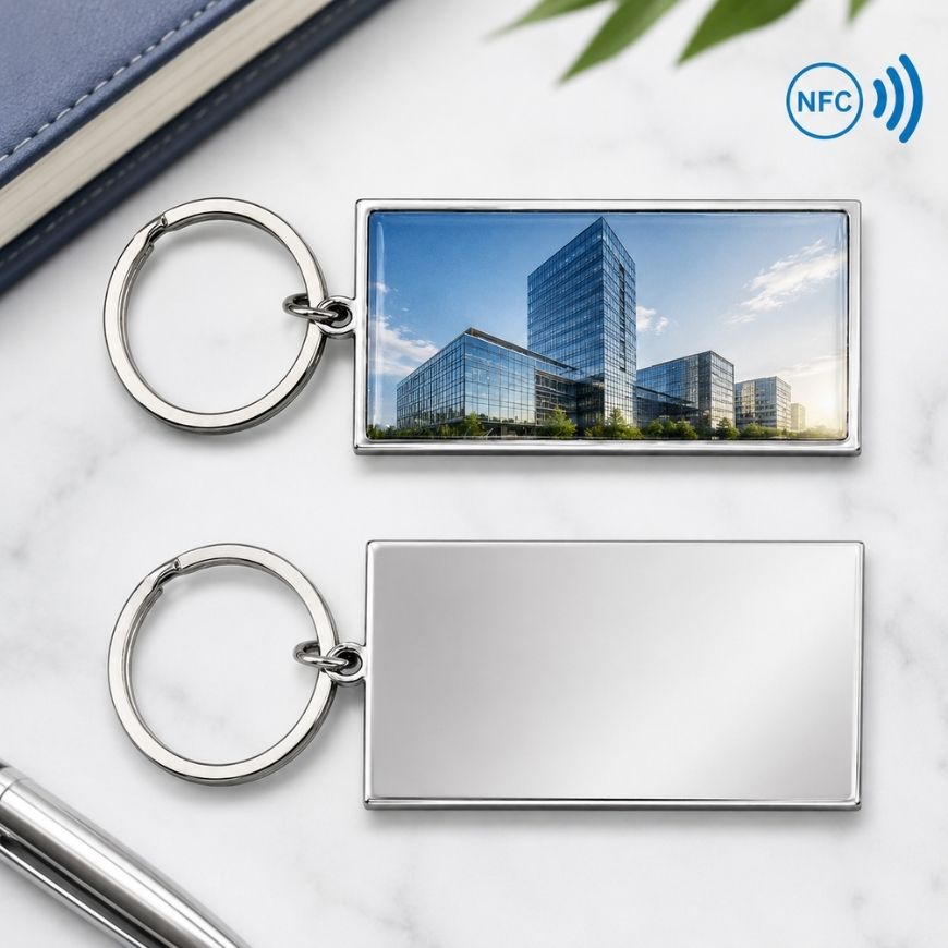 Smart NFC key fob displaying modern office building graphics and smooth metal reverse for corporate digital identity.