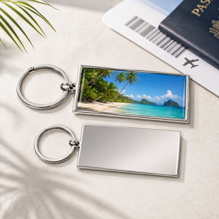 Custom NFC metal keychain printed with tropical beach scenery, ideal for smart tourism and resort souvenir wholesale.