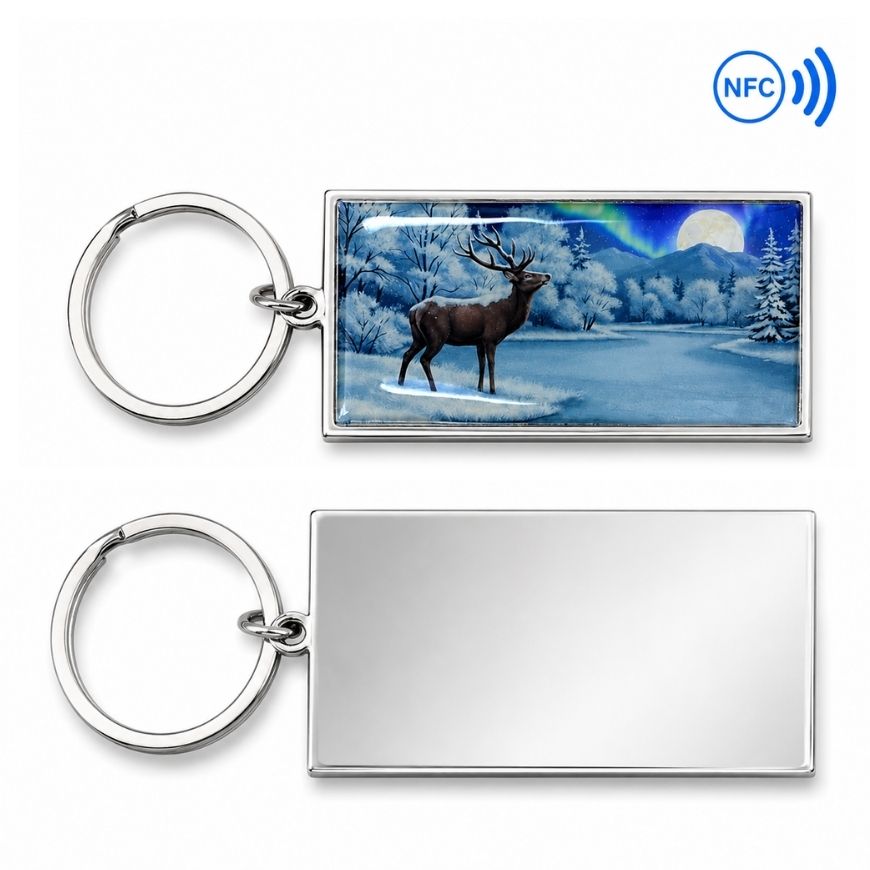 Metal NFC smart keychain featuring winter deer landscape design, ideal for custom branded gifts.
