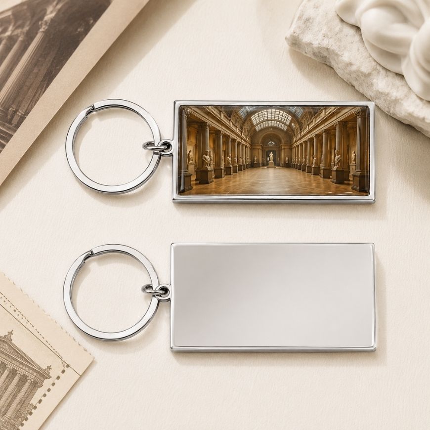 Art museum gallery printed NFC metal key ring featuring epoxy dome graphic and customizable silver metal back.