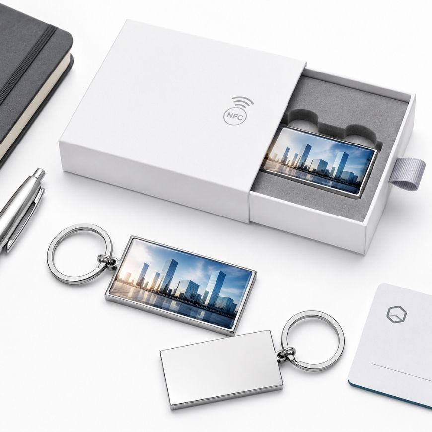 Corporate NFC metal key fob with modern city skyline graphic in white presentation box for business digital identity.